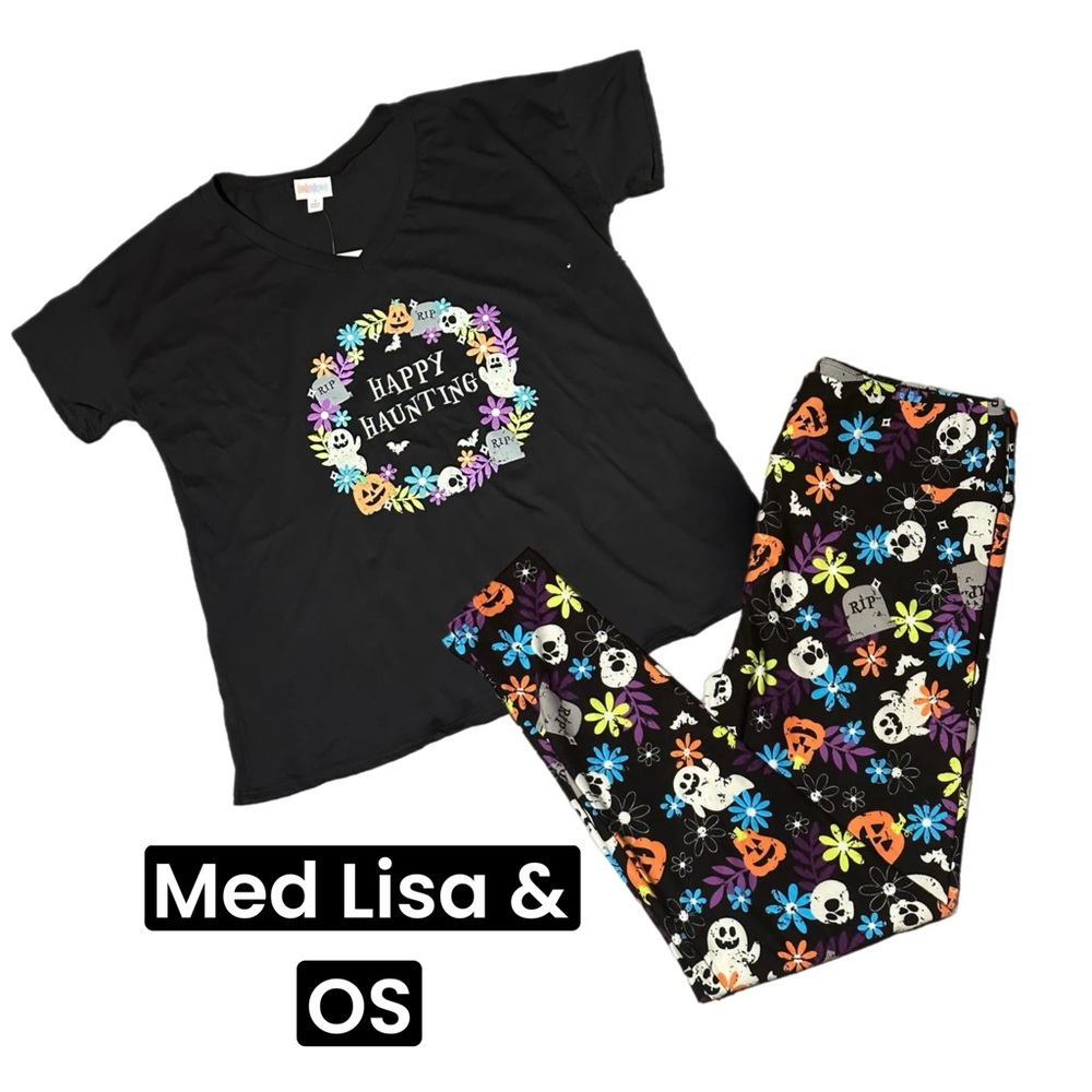 LuLaRoe Halloween Happy Haunting Lisa Tee Medium OS Ghost Pumpkin leggings Set
